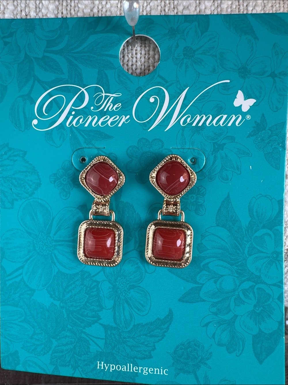 0660-The Pioneer Woman Gold-Tone Earrings with Red Stone Drops
